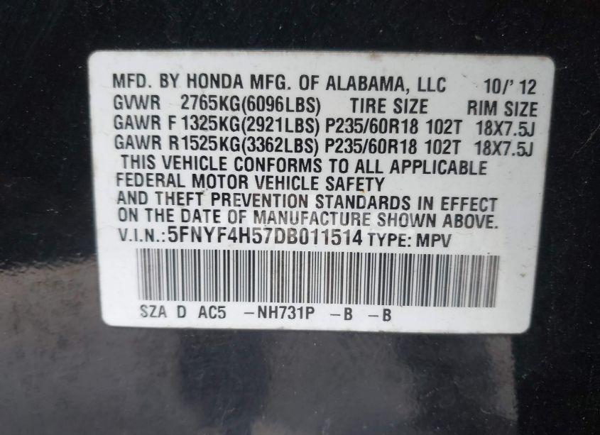 Photo 9 of 2013 Honda Pilot (VIN 5FNYF4H57DB011514)