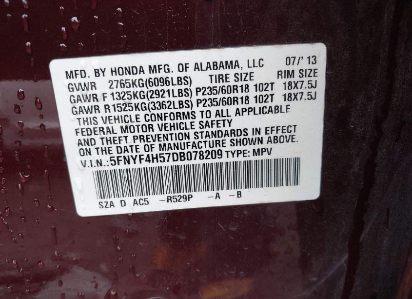 Photo 9 of 2013 Honda Pilot EX-L (VIN 5FNYF4H57DB078209)