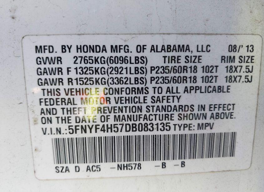 Photo 9 of 2013 Honda Pilot EX-L (VIN 5FNYF4H57DB083135)