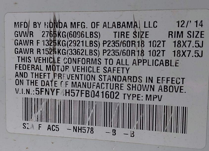 Photo 9 of 2015 Honda Pilot EX-L (VIN 5FNYF4H57FB041602)