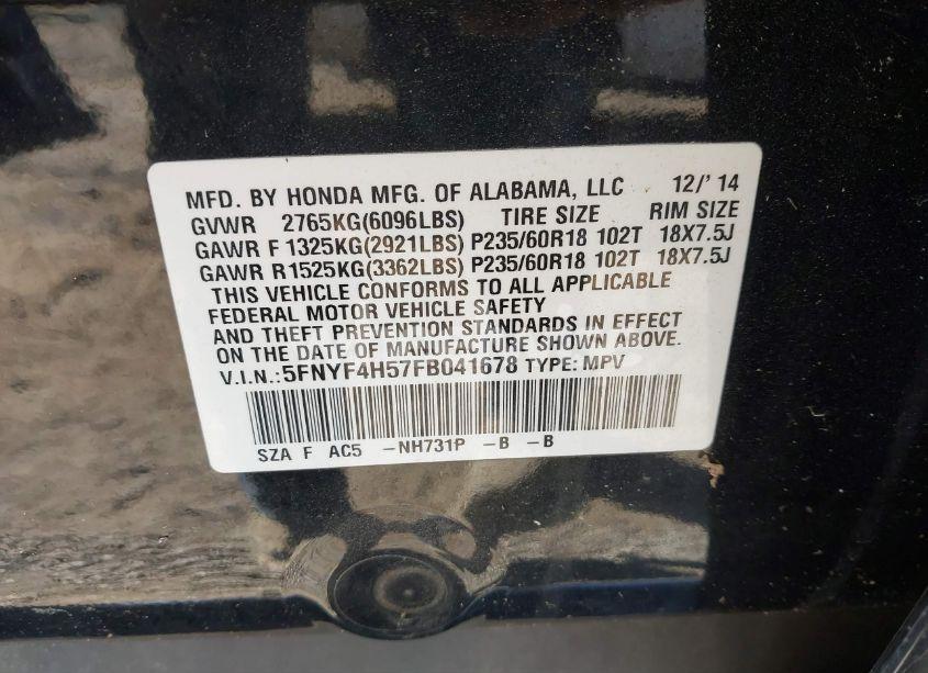 Photo 9 of 2015 Honda Pilot EX-L (VIN 5FNYF4H57FB041678)