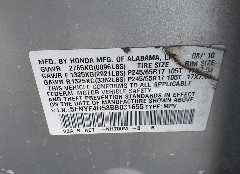 Photo 9 of 2011 Honda Pilot EX-L (VIN 5FNYF4H58BB031655)