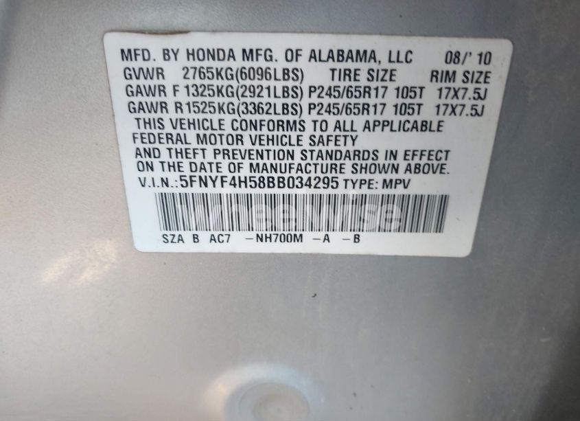 Photo 9 of 2011 Honda Pilot EX-L (VIN 5FNYF4H58BB034295)