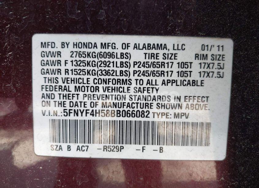 Photo 9 of 2011 Honda Pilot EX-L (VIN 5FNYF4H58BB066082)