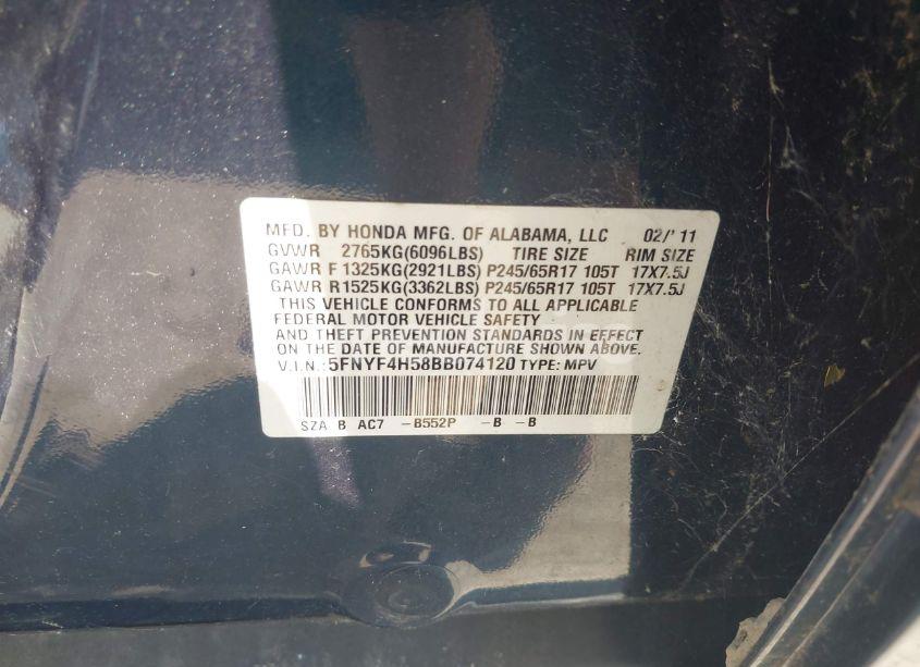 Photo 9 of 2011 Honda Pilot EX-L (VIN 5FNYF4H58BB074120)