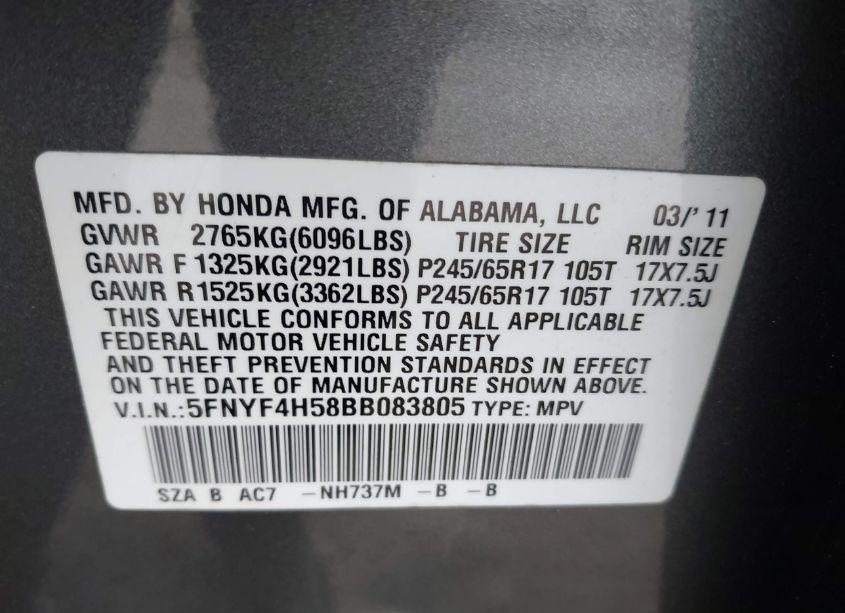 Photo 9 of 2011 Honda Pilot EX-L (VIN 5FNYF4H58BB083805)