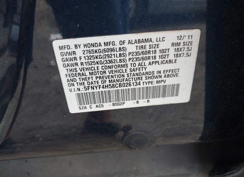 Photo 9 of 2012 Honda Pilot EX-L (VIN 5FNYF4H58CB026134)