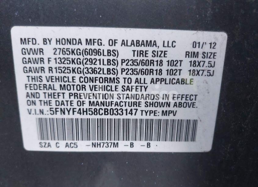 Photo 9 of 2012 Honda Pilot EX-L (VIN 5FNYF4H58CB033147)