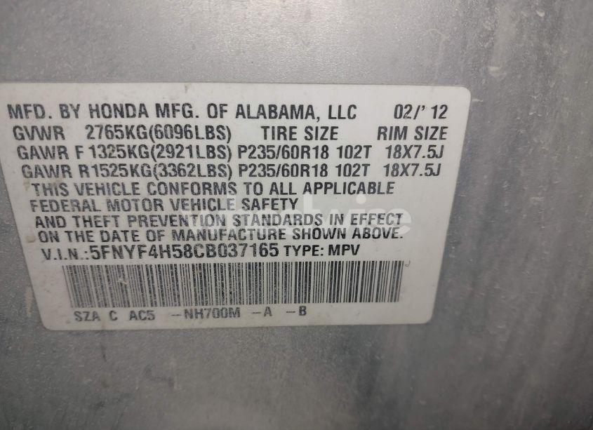 Photo 9 of 2012 Honda Pilot EX-L (VIN 5FNYF4H58CB037165)