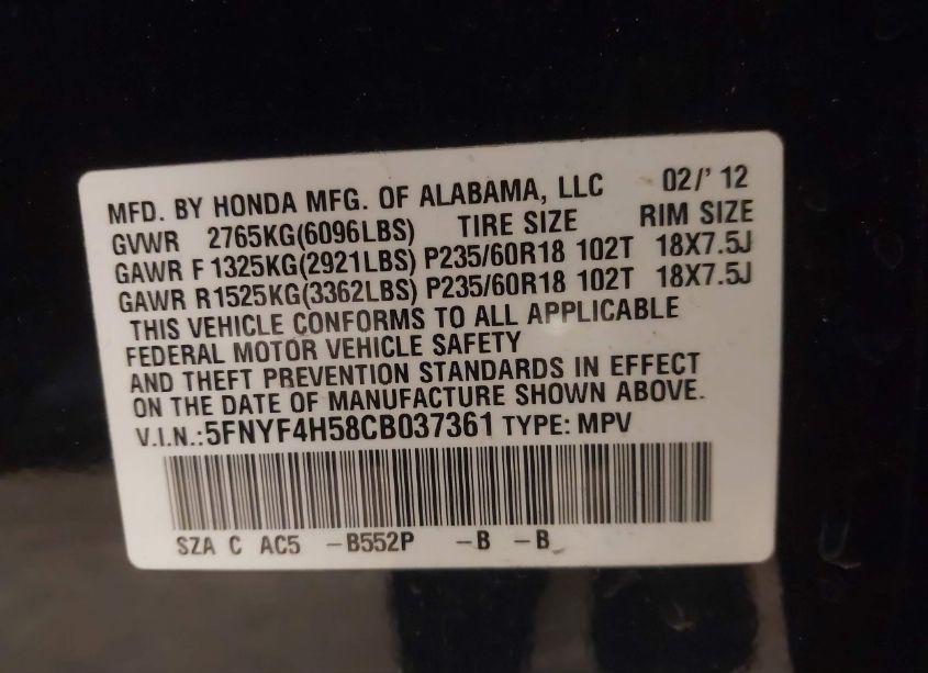 Photo 9 of 2012 Honda Pilot EX-L (VIN 5FNYF4H58CB037361)