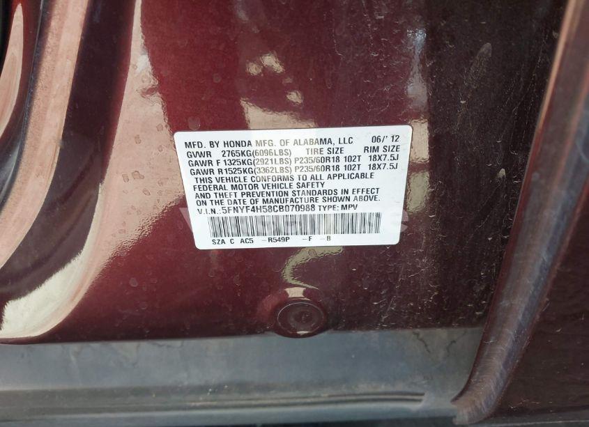 Photo 9 of 2012 Honda Pilot EX-L (VIN 5FNYF4H58CB070988)