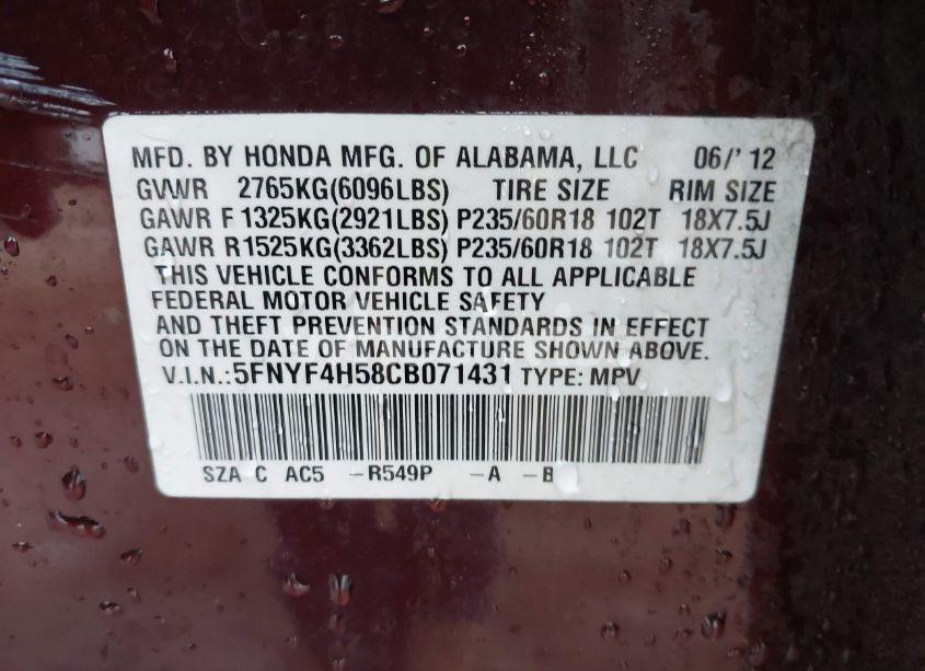 Photo 9 of 2012 Honda Pilot EX-L (VIN 5FNYF4H58CB071431)