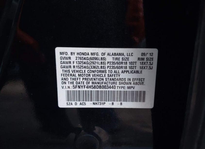 Photo 9 of 2013 Honda Pilot EX-L (VIN 5FNYF4H58DB003440)