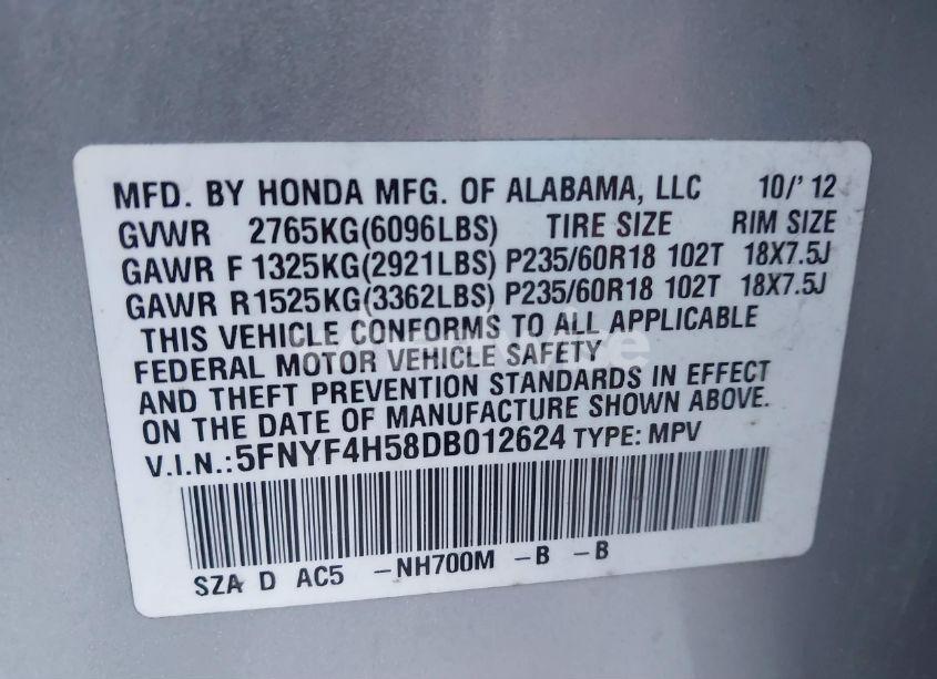 Photo 9 of 2013 Honda Pilot EX-L (VIN 5FNYF4H58DB012624)