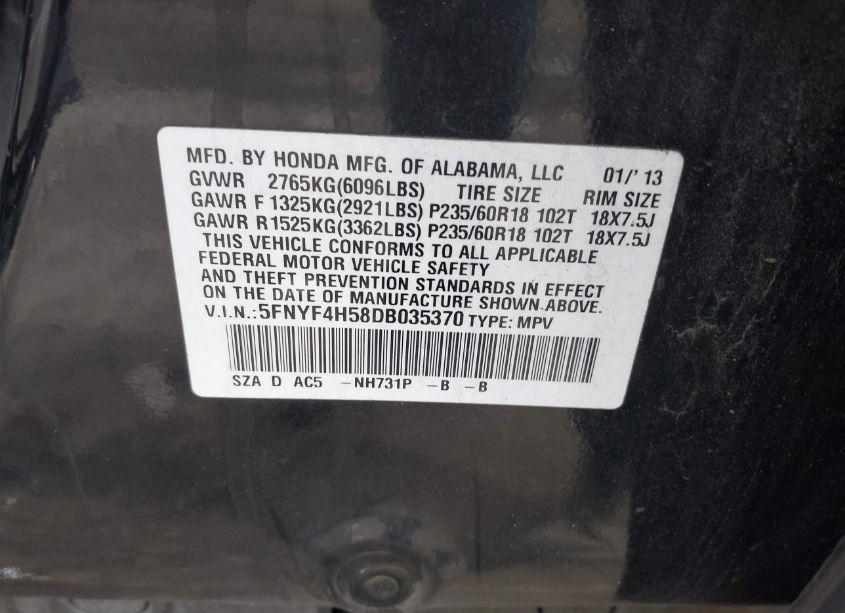 Photo 9 of 2013 Honda Pilot EX-L (VIN 5FNYF4H58DB035370)