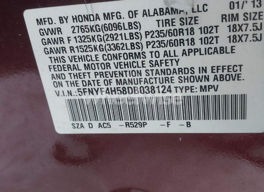 Photo 9 of 2013 Honda Pilot EX-L (VIN 5FNYF4H58DB038124)