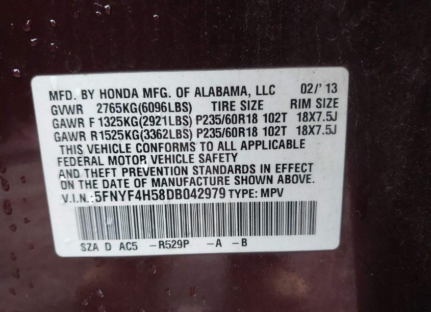 Photo 9 of 2013 Honda Pilot EX-L (VIN 5FNYF4H58DB042979)