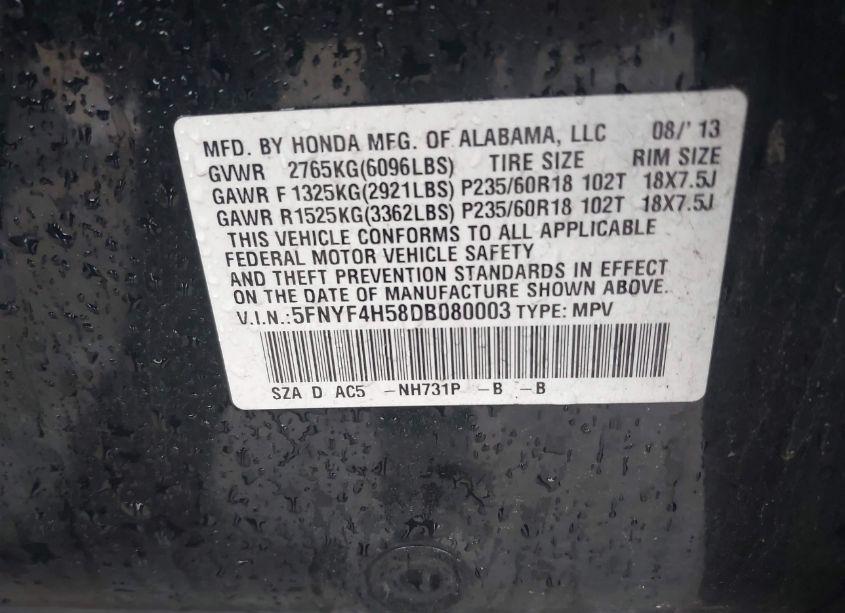 Photo 9 of 2013 Honda Pilot EX-L (VIN 5FNYF4H58DB080003)