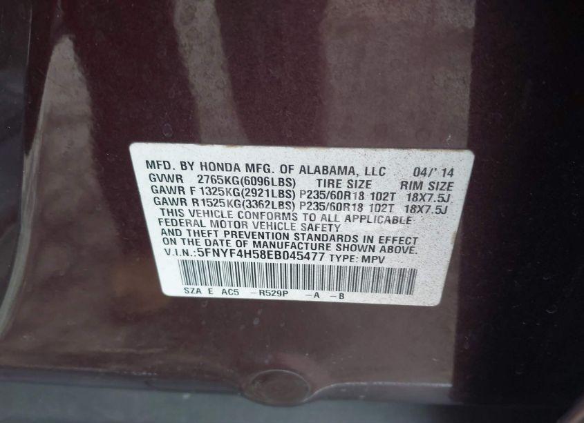 Photo 9 of 2014 Honda Pilot EX-L (VIN 5FNYF4H58EB045477)