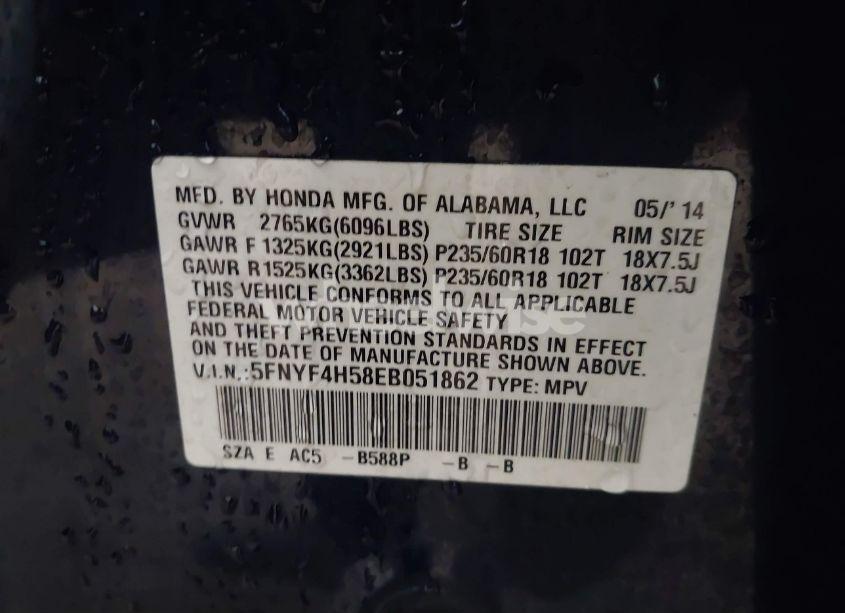 Photo 9 of 2014 Honda Pilot EX-L (VIN 5FNYF4H58EB051862)