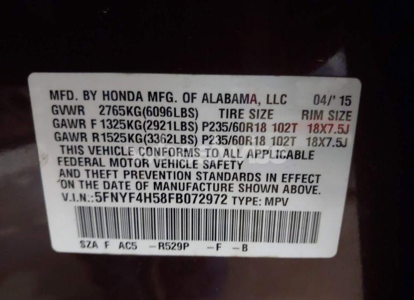 Photo 9 of 2015 Honda Pilot EX-L (VIN 5FNYF4H58FB072972)