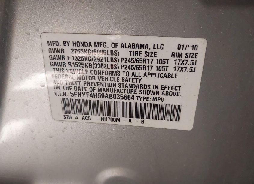 Photo 9 of 2010 Honda Pilot EX-L (VIN 5FNYF4H59AB035664)