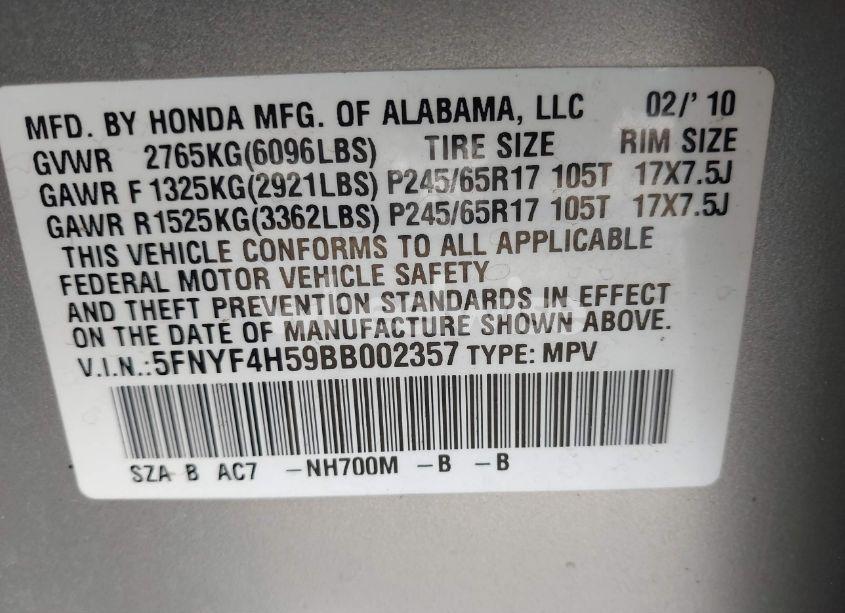 Photo 9 of 2011 Honda Pilot EX-L (VIN 5FNYF4H59BB002357)