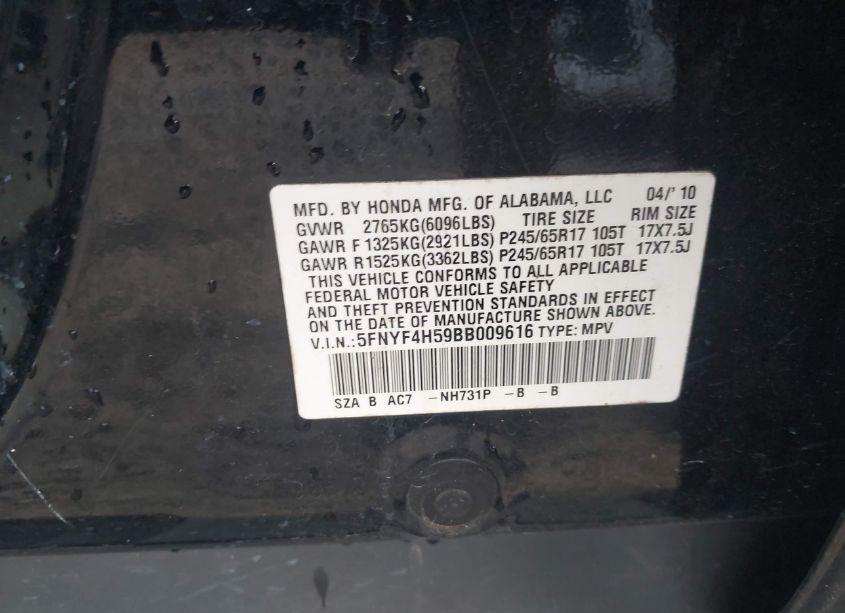 Photo 9 of 2011 Honda Pilot EX-L (VIN 5FNYF4H59BB009616)