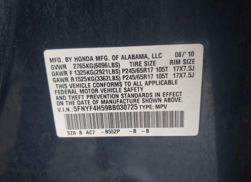 Photo 9 of 2011 Honda Pilot EX-L (VIN 5FNYF4H59BB030725)