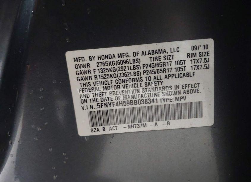 Photo 9 of 2011 Honda Pilot EX-L (VIN 5FNYF4H59BB038341)