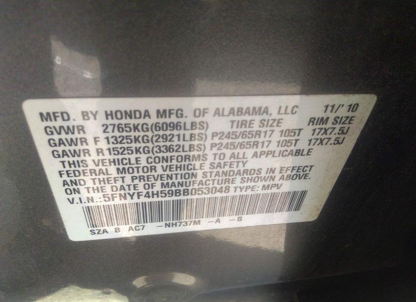 Photo 9 of 2011 Honda Pilot EX-L (VIN 5FNYF4H59BB053048)