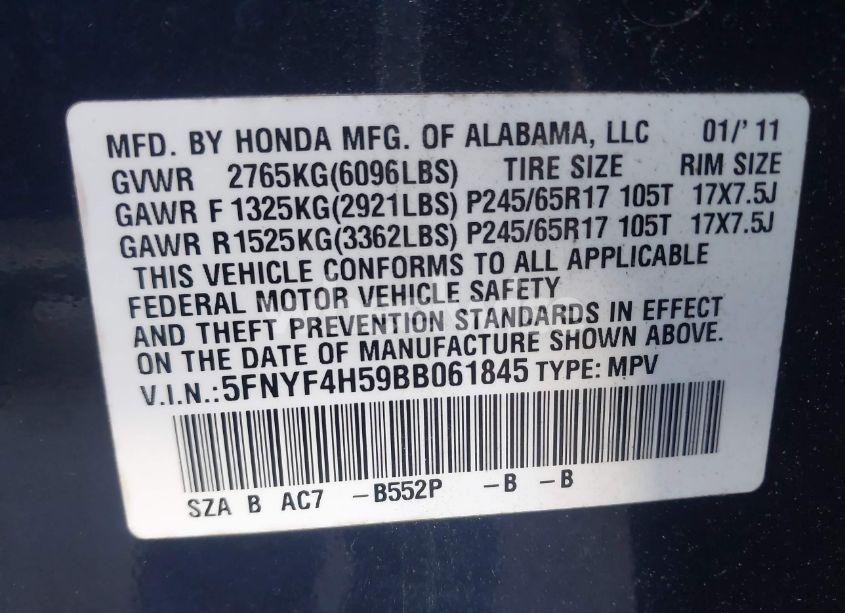 Photo 9 of 2011 Honda Pilot EX-L (VIN 5FNYF4H59BB061845)