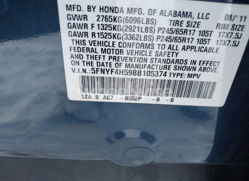 Photo 9 of 2011 Honda Pilot EX-L (VIN 5FNYF4H59BB105374)