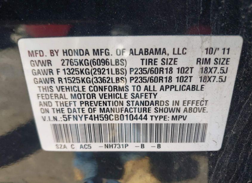 Photo 9 of 2012 Honda Pilot EX-L (VIN 5FNYF4H59CB010444)