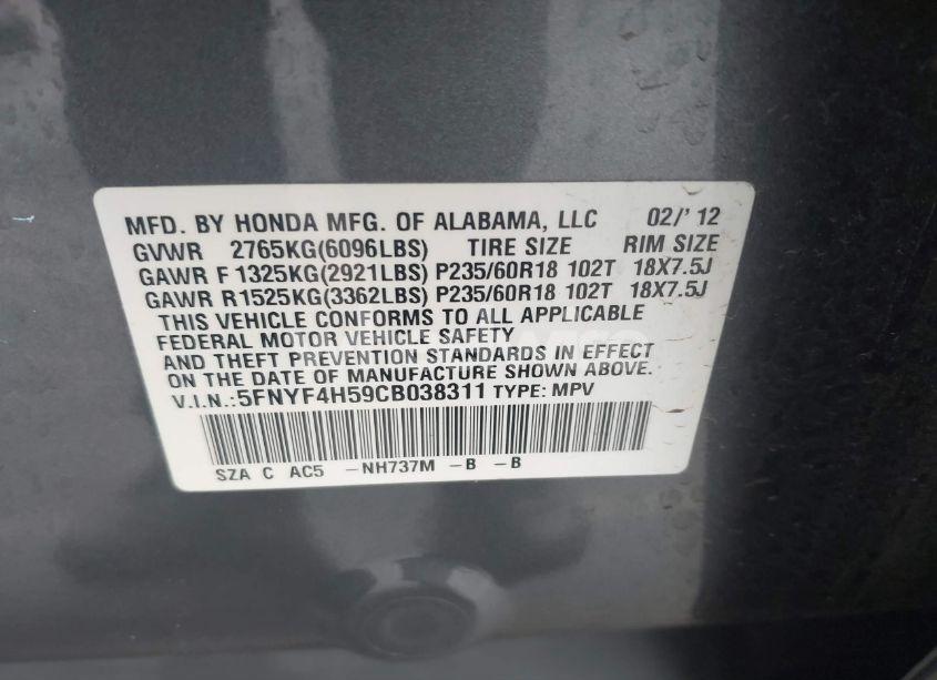 Photo 9 of 2012 Honda Pilot EX-L (VIN 5FNYF4H59CB038311)