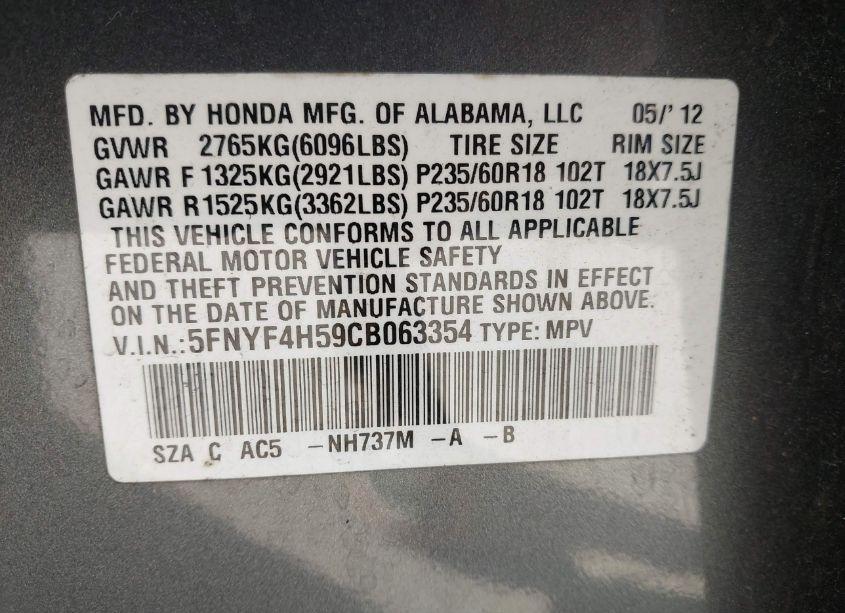 Photo 9 of 2012 Honda Pilot EX-L (VIN 5FNYF4H59CB063354)