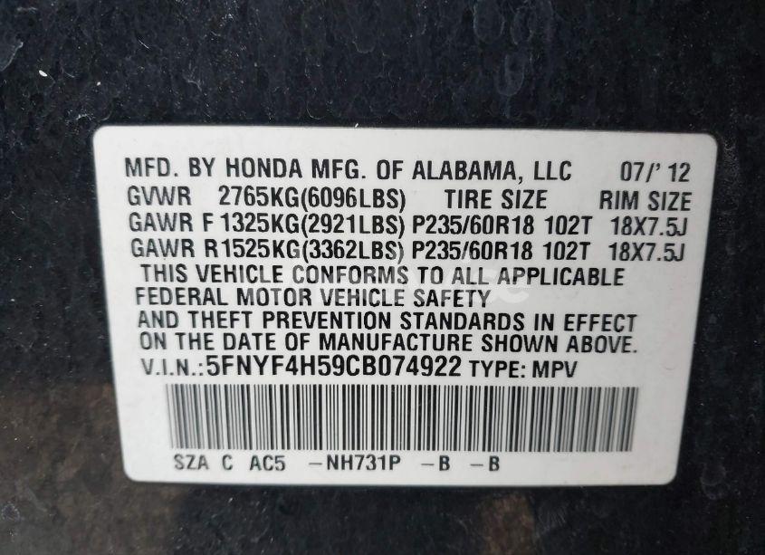 Photo 9 of 2012 Honda Pilot EX-L (VIN 5FNYF4H59CB074922)