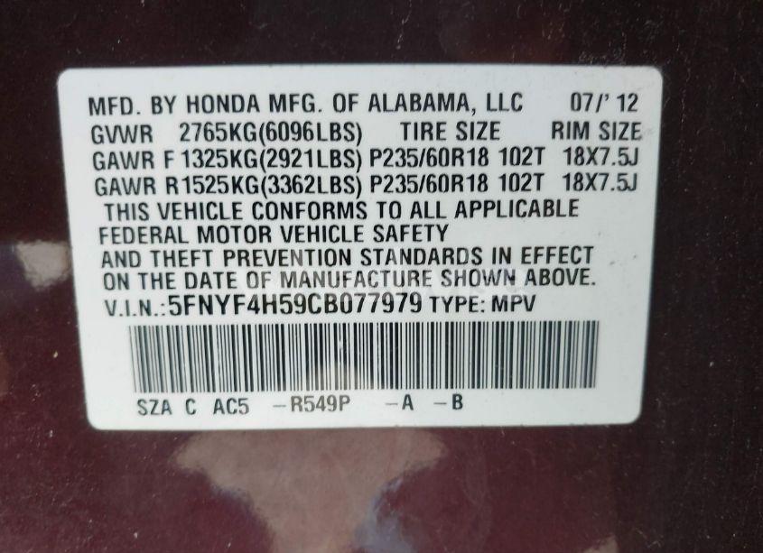 Photo 9 of 2012 Honda Pilot EX-L (VIN 5FNYF4H59CB077979)