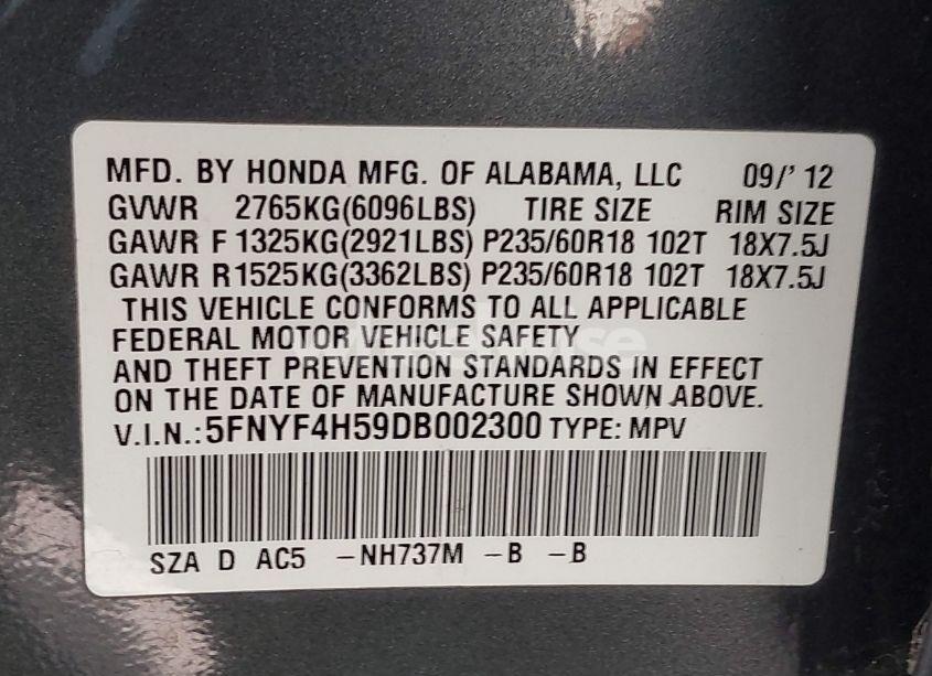 Photo 9 of 2013 Honda Pilot EX-L (VIN 5FNYF4H59DB002300)