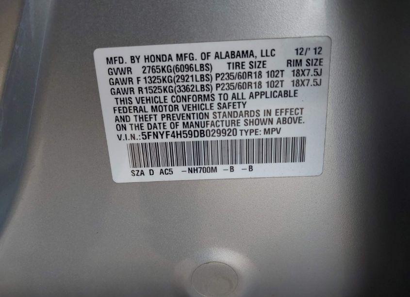 Photo 9 of 2013 Honda Pilot EX-L (VIN 5FNYF4H59DB029920)