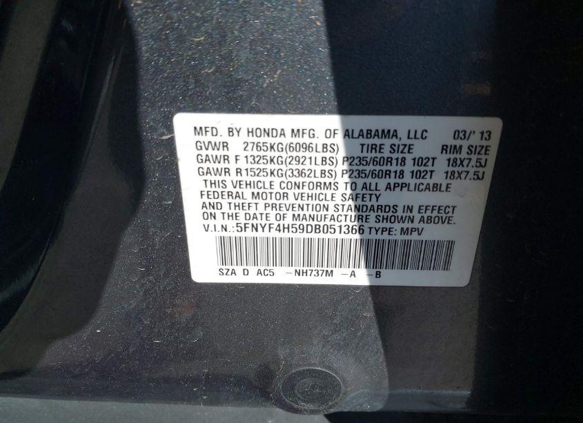 Photo 9 of 2013 Honda Pilot EX-L (VIN 5FNYF4H59DB051366)