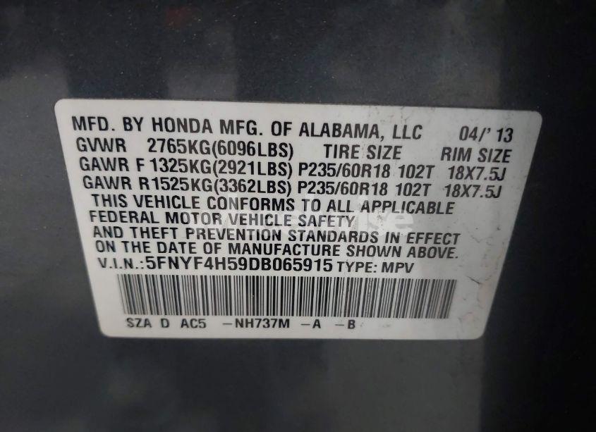 Photo 9 of 2013 Honda Pilot EX-L (VIN 5FNYF4H59DB065915)