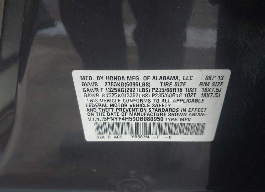 Photo 9 of 2013 Honda Pilot EX-L (VIN 5FNYF4H59DB080950)