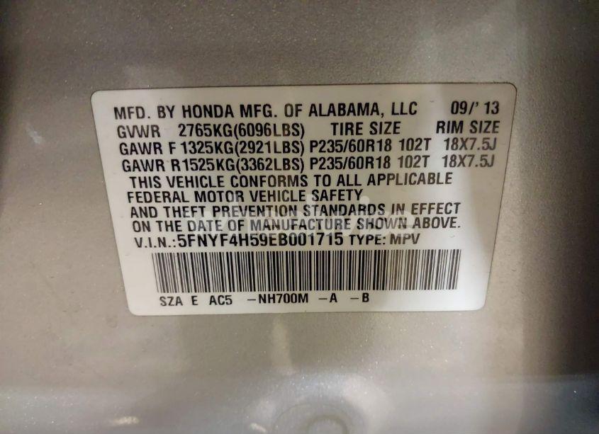 Photo 9 of 2014 Honda Pilot EX-L (VIN 5FNYF4H59EB001715)