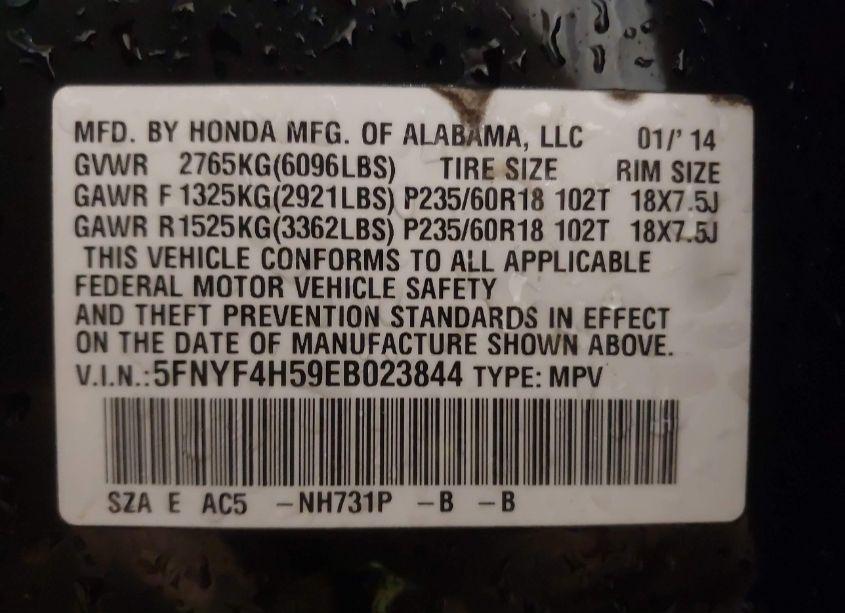 Photo 9 of 2014 Honda Pilot EX-L (VIN 5FNYF4H59EB023844)