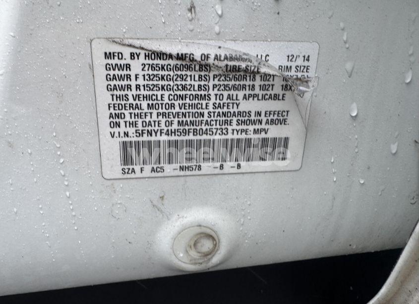 Photo 8 of 2015 Honda Pilot EX-L (VIN 5FNYF4H59FB045733)