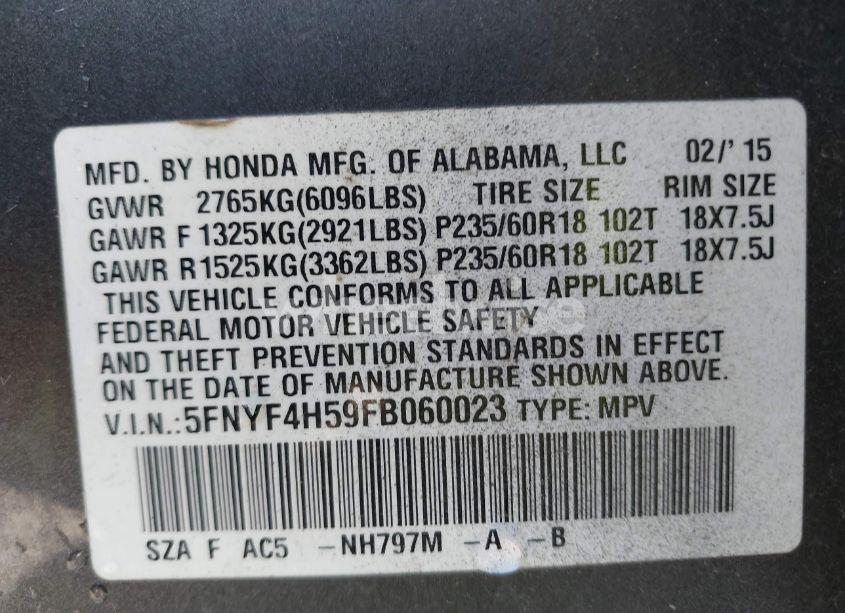 Photo 9 of 2015 Honda Pilot EX-L (VIN 5FNYF4H59FB060023)