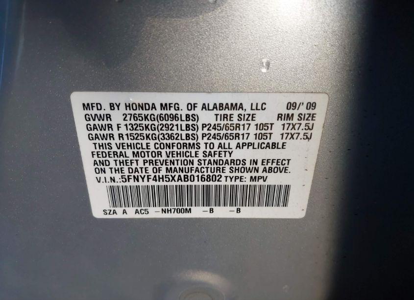 Photo 9 of 2010 Honda Pilot EX-L (VIN 5FNYF4H5XAB016802)