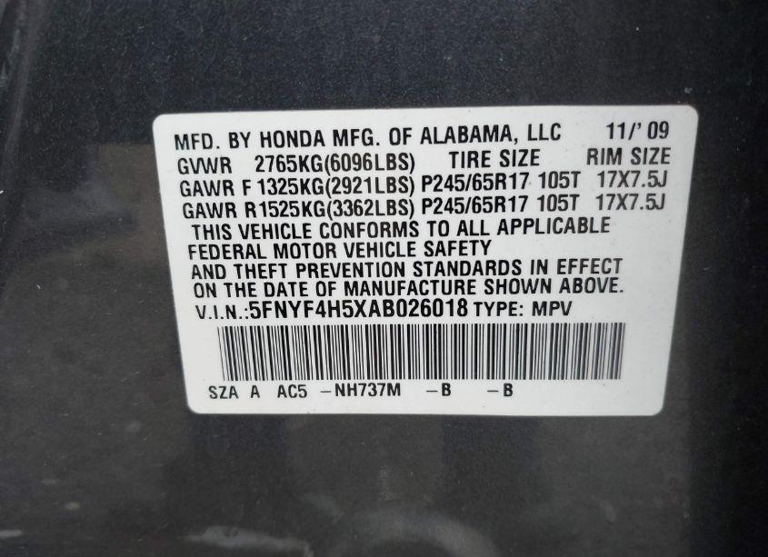 Photo 9 of 2010 Honda Pilot EX-L (VIN 5FNYF4H5XAB026018)