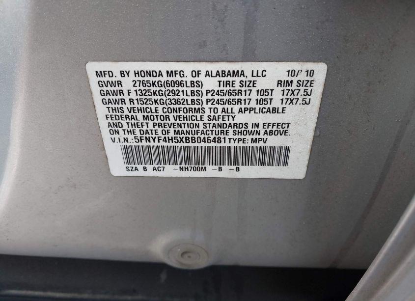 Photo 9 of 2011 Honda Pilot EX-L (VIN 5FNYF4H5XBB046481)